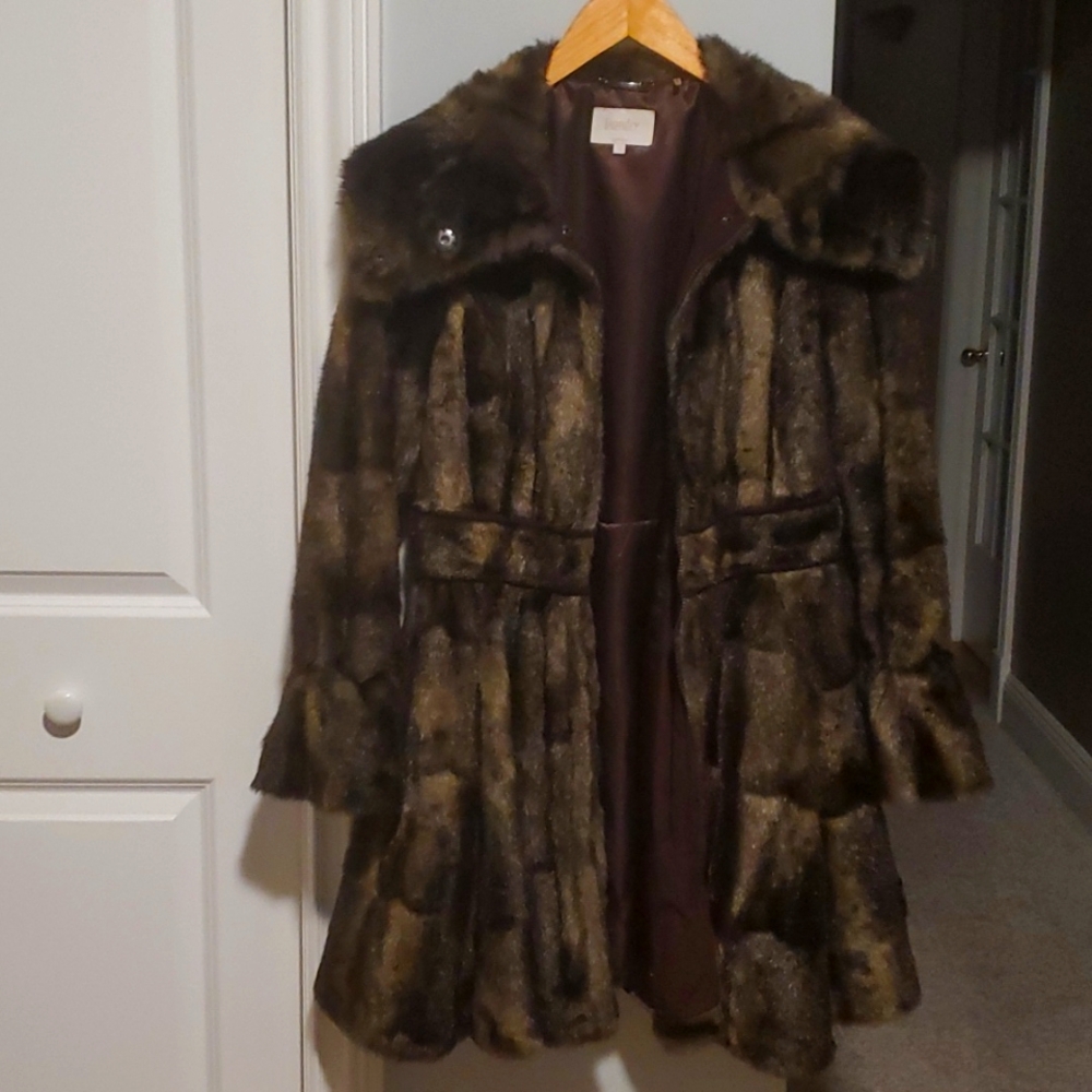Faux Fur Swing Coat, Laundry by Shelli Segal, Size Small, Brown